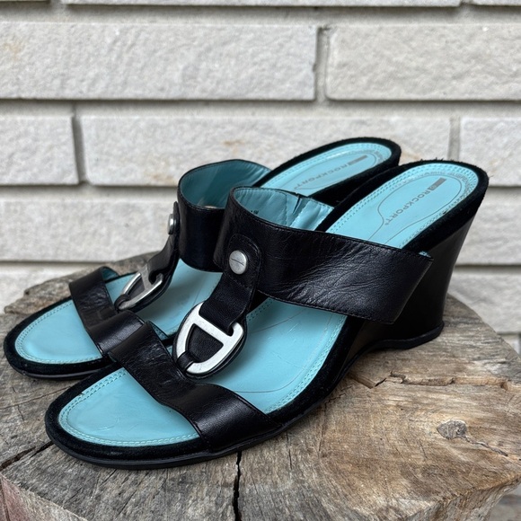 Rockport Shoes - Rockport Black Leather & Suede Wedge Slip on Sandals